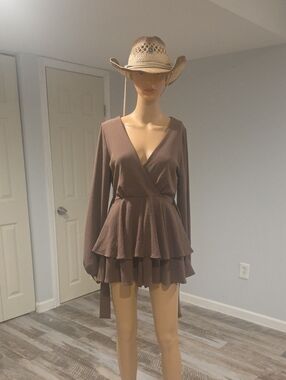Altar'd State Brown Tiered Wrap Romper with Long Sleeves
